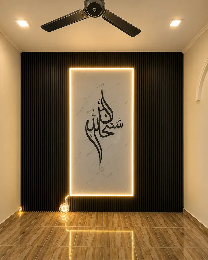 Black fluted wall panel feature with warm integrated lighting