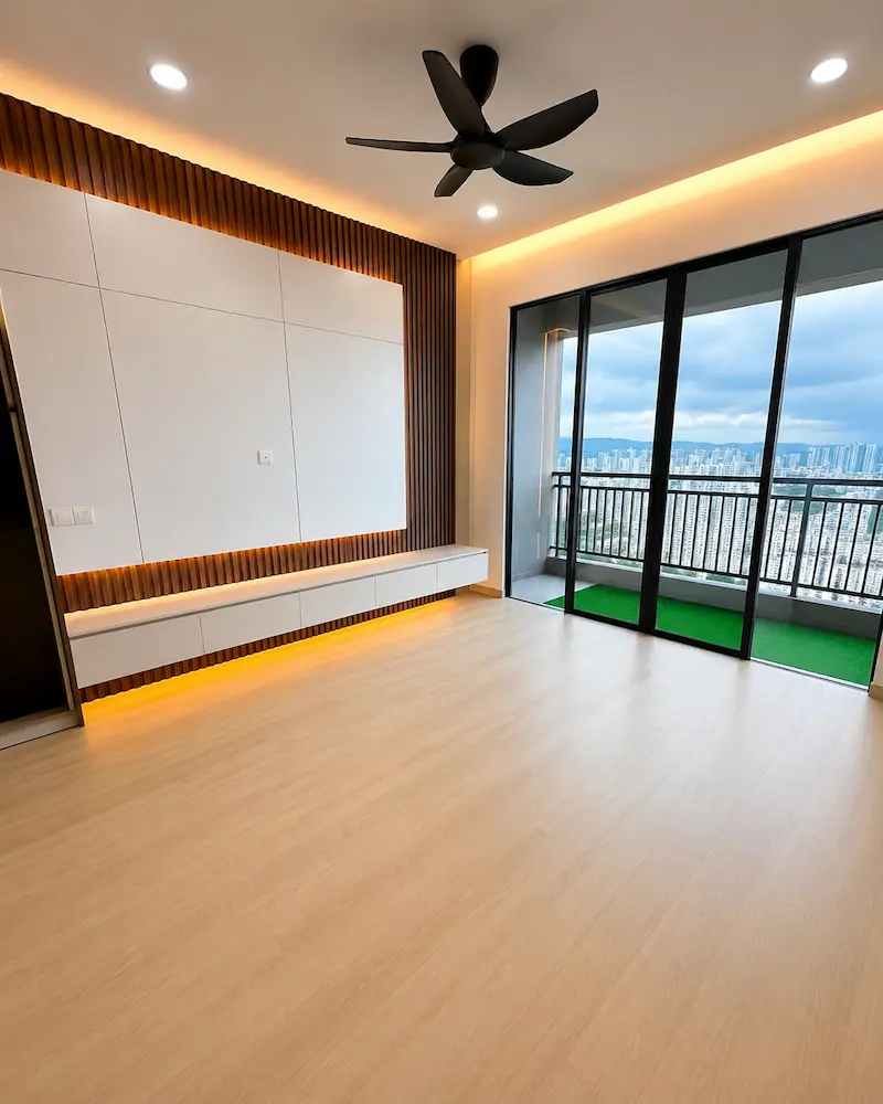 Completed SPC flooring installation in a modern living room